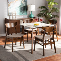 Baxton Studio Paras-LatteWalnut-5PC Dining Set Baxton Studio Paras Mid-Century Modern Transitional Light Beige Fabric Upholstered and Walnut Brown Finished Wood with Faux Marble Dining Table
